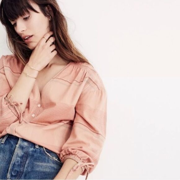 MADEWELL Plaid Peach Morningview V-neck  Button Front Blouse Top Sz XS - Picture 12 of 13